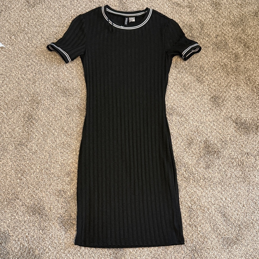 Divided Black Ribbed Midi Dress with White Trim